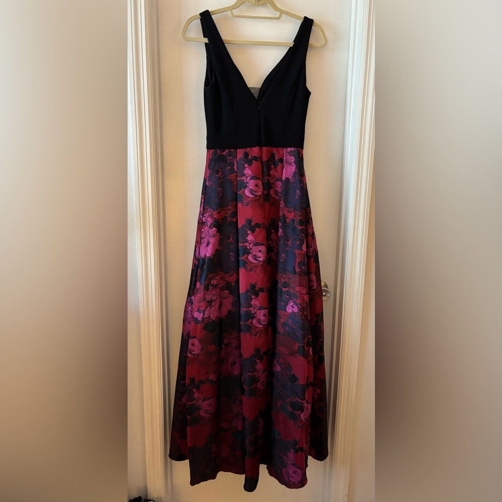 Black Bodice Burgundy Floral A-Line Prom Dress